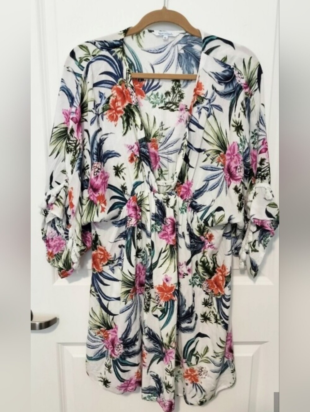 blue island Women's XL Bathing Suit Coverup with Navy & Teal Leaf Print